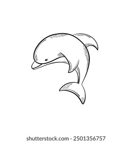 Cute line technique dolphin. Hand drawn  elements. Sea animals. Vector doodle cartoon set of marine life objects for your design.