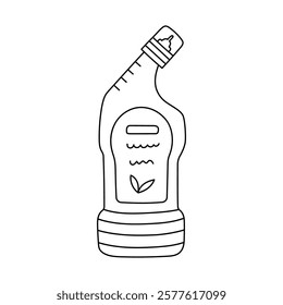 Cute line toilet cleaner gel to disinfect, cleanse bathroom plumbing, sink, toilet bowl. Hand drawn bottle of detergent liquid. Funny doodle for washing apartment isolated on white background.