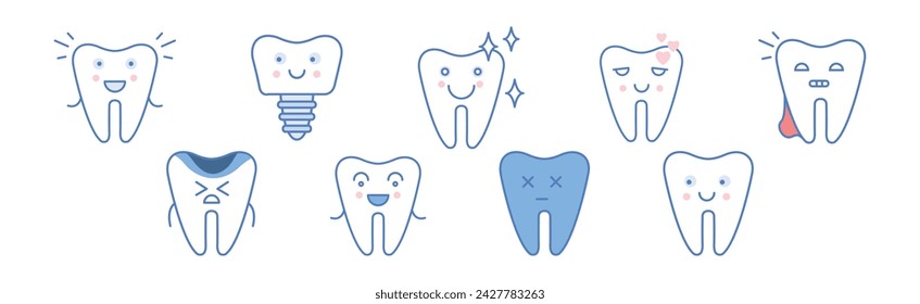 Lindo icono de diente de línea con cara y sonrisa Vector Set