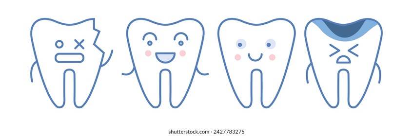 Cute Line Tooth Icon with Face and Smile Vector Set