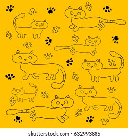 Cute line vector cartoon cats and foot marks on yellow background for wallpaper, textiles.