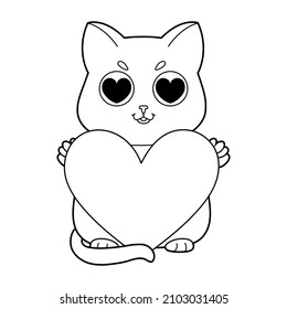 Gato vector de línea con corazón. Tarjeta de San Valentín, guarda la tarjeta de fecha. Gracioso personaje animal de contorno adorable. Ilustración lineal