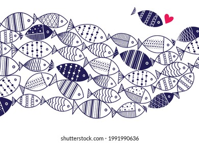 Cute line wave fish. Vector sea poster.