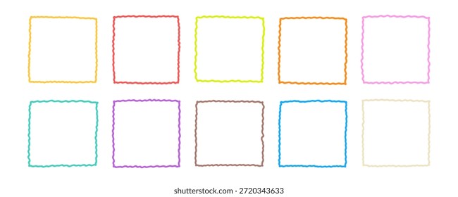 Kit de Quadros de Forma de Caixa de Texto Ondulada de Linha Fofa. Pacote de caixa de borda curvada de borda em ziguezague. Ilustração do vetor de rabisco de estrutura de tópicos