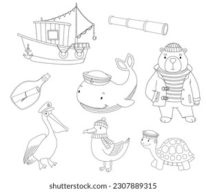 Cute line whale, pelican and bear character isolated on white. Vector outline nautical illustrations for coloring page. Doodle sailboat and seagull