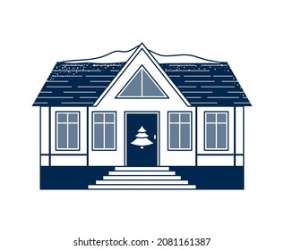 Cute line winter house with wreath on door, isolated on white background. European city building. Christmas and New Year holiday season. Real estate flat line art vector illustration