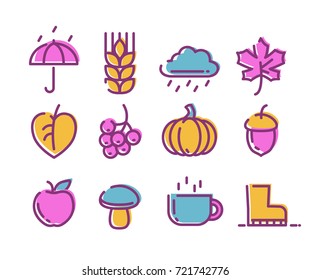 Cute linear autumn icons set. Isolated on white background.