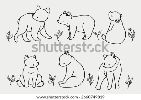 Cute linear bears with floral. Hand-drawn vector illustration of woodland animals for baby shower, nursery wall art.