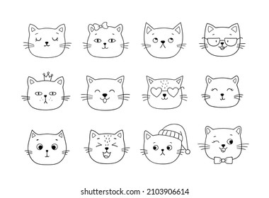 Cute linear cats faces set. Doodle sketch. Hand-drawn vector line illustration.