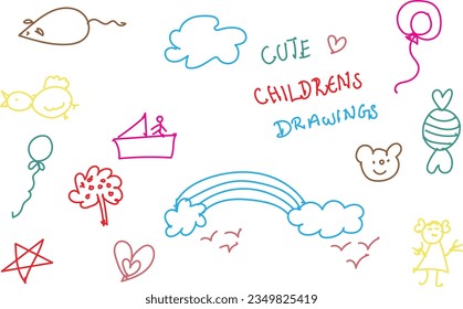 Cute linear children's drawing on white background by hand with colored markers
