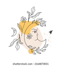 Cute linear decorative composition with moon and leaves branches. Vector freehand drawing. For prints, stickers, cards, etc.