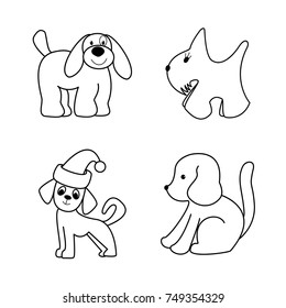 Cute linear dog characters. Different breeds in cartoon style. Funny animals for Chinese New Year 2018. Vector illustration. 