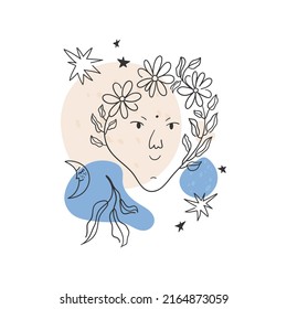 Cuidada cara lineal decorada con flores de margarita, hojas y estrellas. Dibujo vectorial de mano libre. Para impresiones, pegatinas, tarjetas, etc.