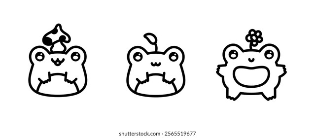 Cute linear frogs. Kawaii froggie pack. Emoticons with different emotions. Green frog. Baby animals bundle for childish stickers. Black outline illustration. Coloring book page.  