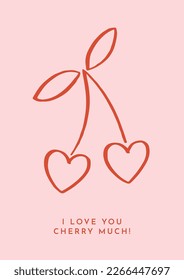 Cute Linear Heart Shaped Cherries And "I Love You Cherry Much” Inscription. Hand Drawn Illustration. Simple Vector Graphic. Isolated Elements On Pink Background.  Ideal For Greeting Card Or Poster.