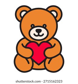 Lindo icono lineal de un oso de peluche con relleno de color que sostiene un corazón. Diseño de San Valentín de golpe editable para el amor, el romance, la boda, la tarjeta de felicitación, o proyectos de regalo