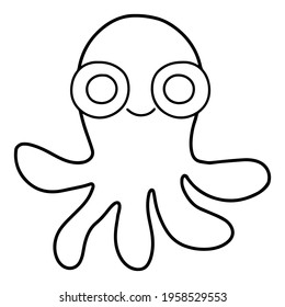 Cute linear octopus hand-drawn isolated on white stock vector illustration. Simple cartoon octopus coloring page for kids printable activity page. Funny doodle undersea animal black outline on white