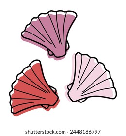 Cute Linear Seashell Doodle icon Set. Hand drawn Sea Shells, Isolated Vector Clip art Illustration. Outline Drawing with color Shapes. Ocean Living Organism, Vacation concept, Beach Element.