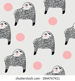 Cute linear sheep seamless pattern. Vector illustration.