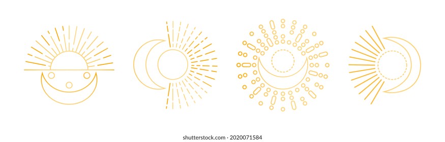 Cute linear sun and moon art on white background. Outline sun logo, moon tattoo. Concept of colorful abstract templates for further creative use. Flat cartoon vector illustration