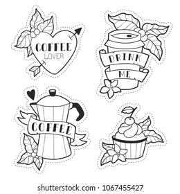 Cute lineart coffee icons decorated with leaves: heart and sign "Coffee Lover", cup to go "Drink me", coffee-maker and a cupcake. 