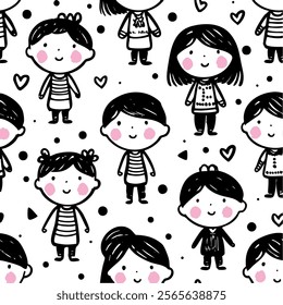 cute lino print boys and girls seamless pattern