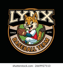 Cute Linx character in baseball uniform preparing to pitch cartoon emblem illustration