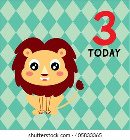 cute lion 3 years old announcement vector card