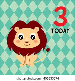 cute lion 3 years old announcement vector card