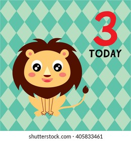 cute lion 3 years old announcement vector card