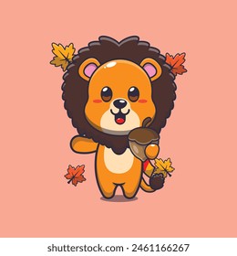 Cute lion with acorns at autumn season. Mascot cartoon vector illustration suitable for poster, brochure, web, mascot, sticker, logo and icon.