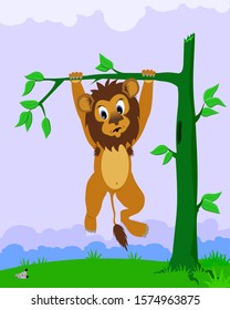 cute lion is afraid of little mouse and hanging on the tree.Vector illustration of animal life