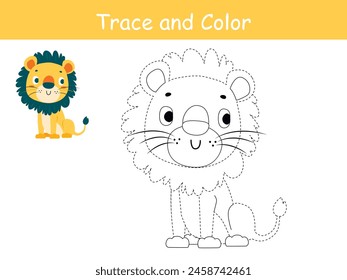 Cute lion, african animal trace and coloring book or coloring page. Vector illustration