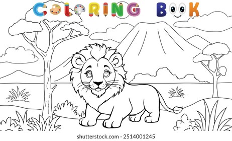 Cute lion in African savannah, coloring book illustration