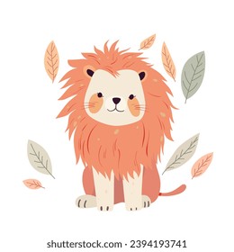 Cute lion among autumn leaves vector illustration. Cartoon isolated of baby animal character with funny face and mane on head, paws and tail sitting in frame of flying dry fall foliage, front view