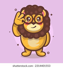 cute lion animal character mascot with ok sign hand gesture isolated cartoon in flat style design