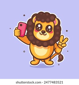 cute lion animal character mascot taking a selfie with a smartphone isolated cartoon