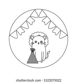 cute lion animal with hat party and garlands hanging vector illustration design