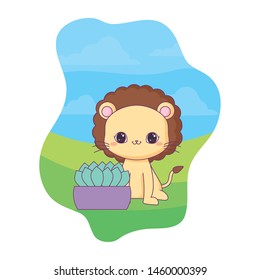 cute lion animal with house plant