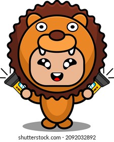 cute lion animal mascot costume character cartoon vector illustration holding two flashlights
