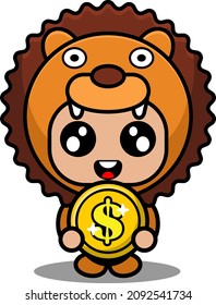 cute lion animal mascot costume character cartoon vector illustration holding coins