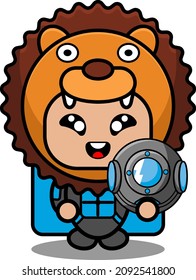 cute lion animal mascot costume character cartoon vector illustration holding diver helmet