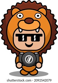 cute lion animal mascot costume cartoon character vector illustration holding camera