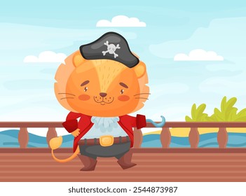 Cute Lion Animal Pirate and Sea Robber in Hat with Hook Vector Illustration
