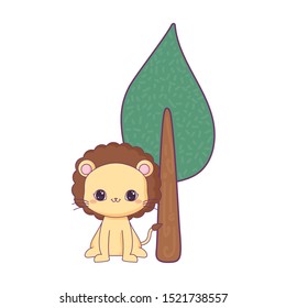 cute lion animal with tree plant vector illustration design