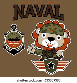 Cute lion in army uniform holding steering wheel with naval elements, vector cartoon illustration