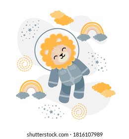 cute lion astronaut cartoon doodle vector illustration design for print