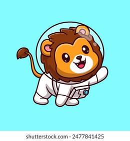 Cute Lion Astronaut Cartoon Vector Icon Illustration. Animal Science Icon Concept Isolated Premium Vector. Flat Cartoon Style