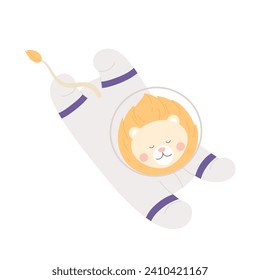 Cute lion in astronaut costume. Wild animal cosmonaut exploring space cartoon vector illustration