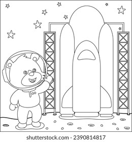 Cute lion astronaut with rocket on the planet. Vector hand-drawn coloring children's illustration. Creative vector Childish design for kids activity colouring book or page.